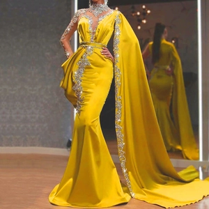 One Shoulder Gele Satijnen Avondjurk Voor Dames Met Steentjes En Lovertjes Cape Mouw Zeemeermin Lange Feestjurk