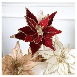 Velvet artificial poinsettia Christmas flowers with glitter edges in red, white and champagne