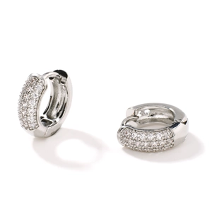 Retro round micro-inlaid zircon huggie hoop earrings in silver finish for women