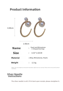 Detail view showing C-shaped pearl and rhinestone earrings with 4.00cm size measurements