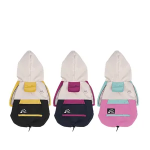 Waterproof hooded dog raincoat in three colorways with adjustable drawstring and pocket