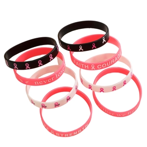 Silicone breast cancer awareness bracelets with pink ribbons and motivational text
