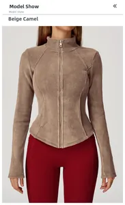 Slim fit beige camel fleece jacket with stand collar and full zipper for outdoor warmth
