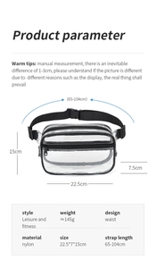 Transparent PVC fanny pack dimensions and product specifications chart for cross-body bag