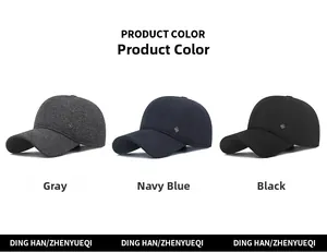 Three men's winter baseball caps shown in grey, navy blue, and black wool fabric