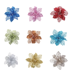 Artificial Poinsettia Christmas Flowers Glitter Hollow Plastic Tree Ornaments Shimmering Festive Holiday Wedding Decor