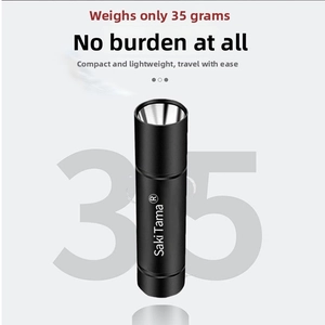 Mini portable LED flashlight weighing only 35g with sleek black metallic finish and logo