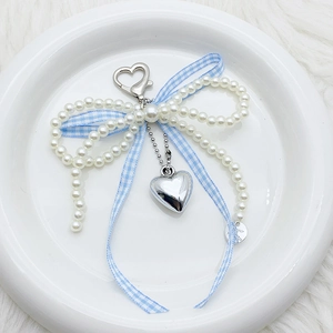 Blue plaid ribbon bow keychain with pearls and silver heart pendant for bag charm