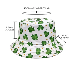 White bucket hat with green shamrock print and size specs of 56-58cm for St. Patrick's Day