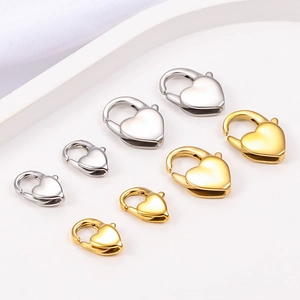 Polished stainless steel heart lobster clasps in gold and silver colors with various sizes