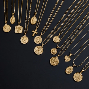18K gold plated vintage coin and religious pendants set with stainless steel chains