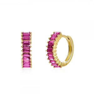 Luxurious gold-plated hoop earrings featuring baguette-cut pink zircon stones