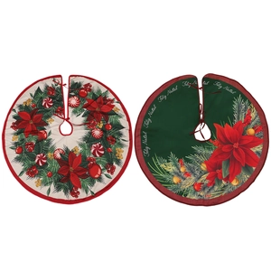 90CM round Christmas tree skirt set with red floral and Feliz Natal green print