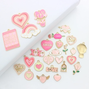 Pink enamel heart and rainbow alloy charms set with gold plating for DIY jewelry making
