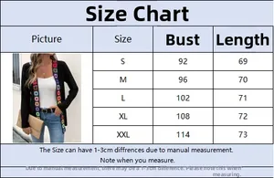 Detailed size chart for women's floral knit cardigan from sizes S to XXL with bust measurements
