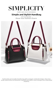 Close-up of elegant two-tone faux leather handbags with polished hardware and brand logo