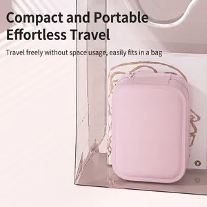 Portable pink leather cosmetic storage case in clear bag for easy travel organization