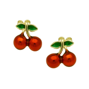 Detailed view of red cherry enamel earrings with green leaves and gold plated posts