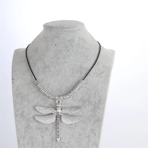 Retro dragonfly pendant necklace with black cord and silver alloy engraved details