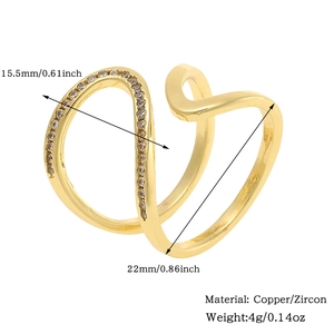 Detailed view of golden butterfly ring with copper and zircon dimensions and material info