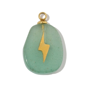 Detailed close-up of light green stone pendant featuring a gold lightning bolt inlay