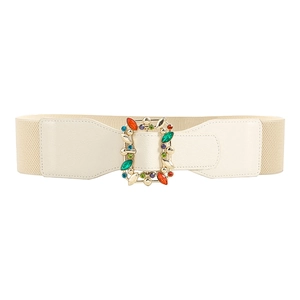 Women's wide elastic waist belt in cream with colorful rhinestone buckle for coats