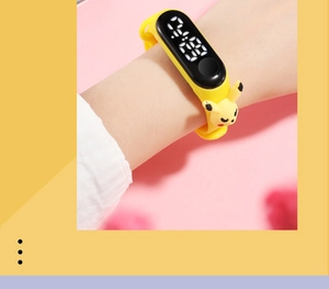 Macro shot of waterproof yellow LED touch watch featuring 3D cartoon Pikachu figure
