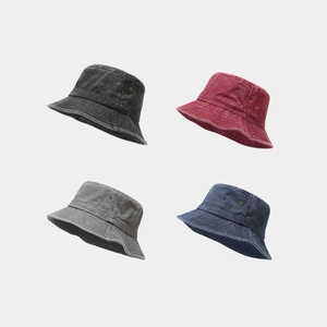 Vintage washed denim bucket hats in black, burgundy, grey, and navy blue for men and women