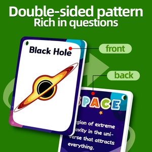 Detailed view of double-sided educational space flashcards with black hole illustration