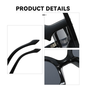Detail view of large cat-eye sunglasses showing hinges, nose pads, and temple tips