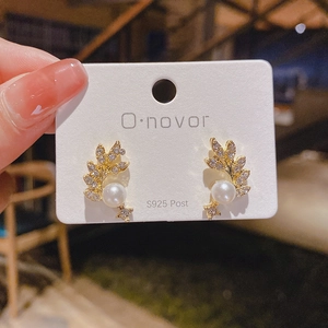 Leaf micro-pave pearl stud earrings in gold with S925 silver posts for women