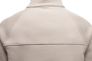 Detail of premium ribbed fabric texture and stitching on men's stand collar sweatshirt