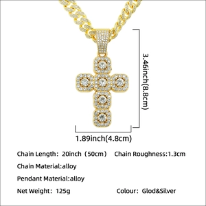 Iced out cross pendant on gold Cuban chain necklace with detailed size specifications