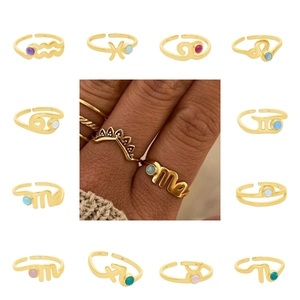 Zodiac Sign Rings Women Stainless Steel Cubic Zirconia Constellations 18K Gold Plated Adjustable Open Ring Jewelry