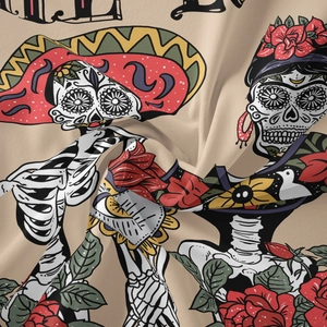 Close-up of bohemian skull tapestry with Dia de los Muertos floral print and twill texture