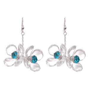Vintage acrylic flower drop earrings with blue crystal center and silver hooks