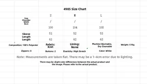 Detailed size chart for V-neck knit sweater with bust, sleeve, and length measurements