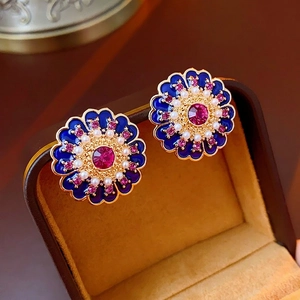 Vintage Flower Stud Earrings With Blue Enamel Pink Rhinestone Imitation Artificial Pearl And 925 Sterling Silver Earring Post