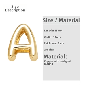 Detail of 15x11mm gold-plated letter A charm showing precise dimensions and polished texture