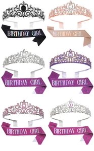 Six sets of crystal birthday crowns and glitter birthday girl sashes in various colors