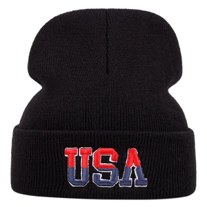 Black knit beanie with USA flag embroidery, winter ski hat for men with flag details