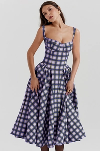 Detailed view of plaid summer maxi dress with tiered skirt and purple checkered pattern