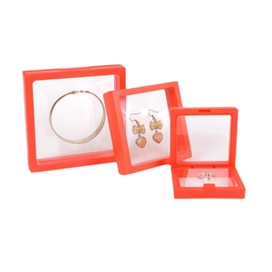 Red 3D floating jewelry display box with transparent PE film in three sizes