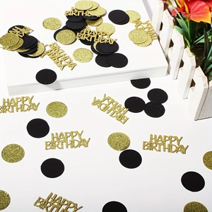 Glittering black and gold Happy Birthday confetti set with round dots for party decor