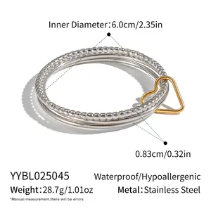 Detailed size specifications for triple-layer stainless steel heart charm bracelet