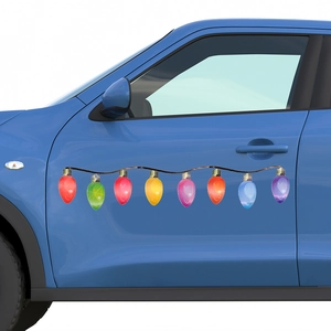 Colorful magnetic light bulb stickers set for festive car decoration on a blue vehicle