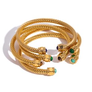 Golden twisted cable open bangles with colorful stones in vintage European style