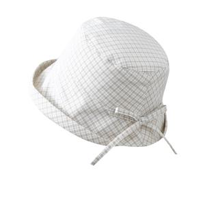 Japanese style beige plaid sun hat with large brim and decorative ribbon bow