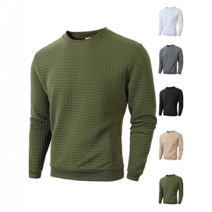 Men Crew Neck Sweatshirt Quilted Square Pattern Long Sleeve Casual Slim Fit Waffle Texture Pullover Top