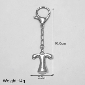 Polished silver uterus keychain pendant with dimensions showing 10cm length and 14g weight
